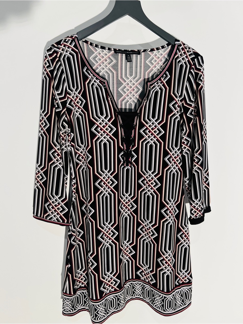 White House Black Market Black, White & Pink Geometric Lace-Up Tunic